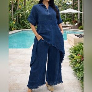 Puro Lino Italian 2-Piece Linen Tunic Top and Pants Set OS
